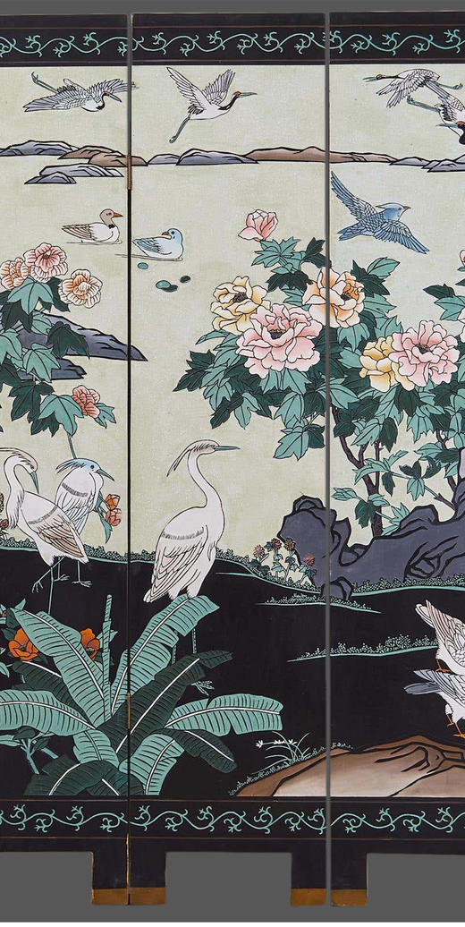 独角鹿西洋古董中国手绘瑞鹤珍禽富贵花卉主题黑地漆器四扇屏风 商品图3
