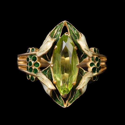 独角鹿西洋古董首饰珠宝法国莱俪18K金镶嵌橄榄石珐琅花型戒指 商品图0