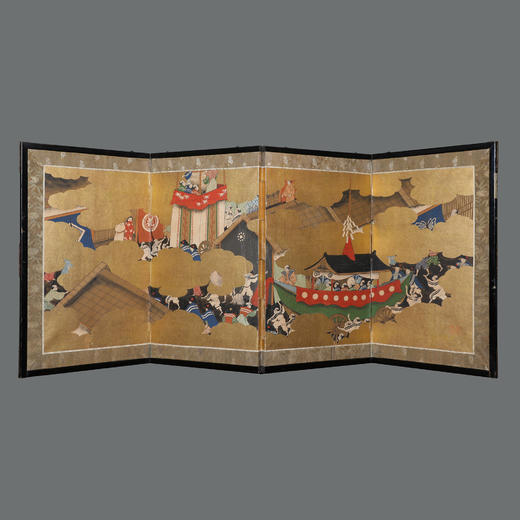 独角鹿西洋古董日本明治时期云金祗园祭图绘纸本金地四曲插屏屏风 商品图0