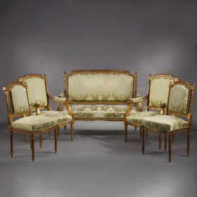 独角鹿西洋古董家具木鎏金雕饰淡绿色丝绸提花面料沙发座椅套件
