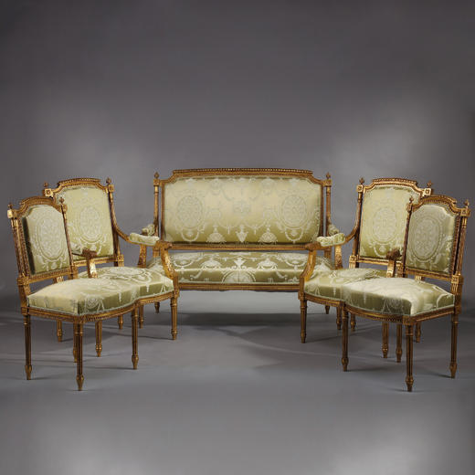 独角鹿西洋古董家具木鎏金雕饰淡绿色丝绸提花面料沙发座椅套件 商品图0