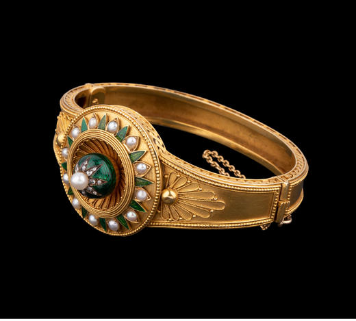 独角鹿西洋古董珠宝首饰C.G工坊18k金镶嵌钻石珍珠祖母绿圆章手镯 商品图2