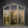 独角鹿西洋古董玻璃修漆木鎏金雕花边框水岸鸟鹤布面手绘三页屏风 商品缩略图0