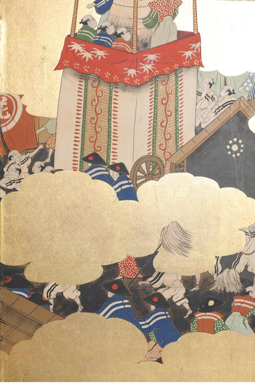 独角鹿西洋古董日本明治时期云金祗园祭图绘纸本金地四曲插屏屏风 商品图2