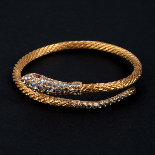 独角鹿西洋古董首饰20世纪初西班牙黄金镶嵌钻石红宝石蛇形手镯 商品图0