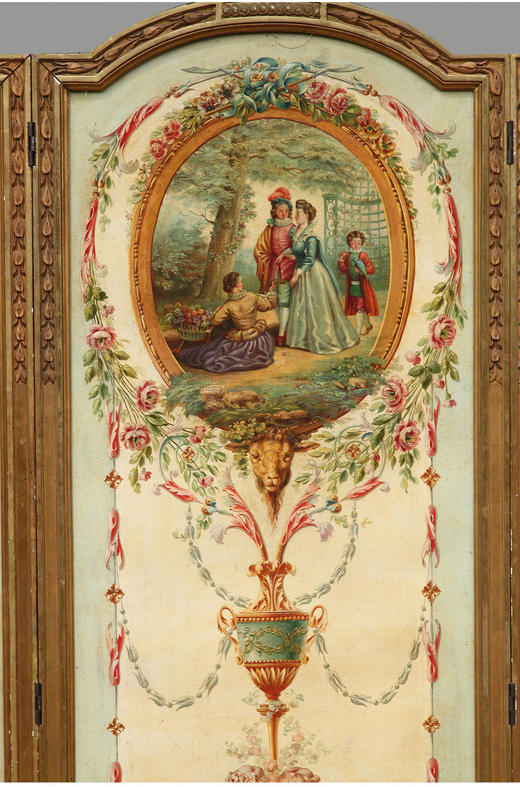 独角鹿西洋古董法国路易十六风格木雕框架田园雅宴图绘三扇屏风 商品图4