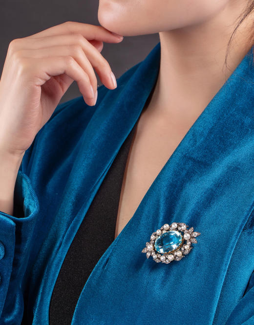 独角鹿西洋古董珠宝首饰英国金银叠打镶钻石珍珠海蓝宝石花叶胸针 商品图3