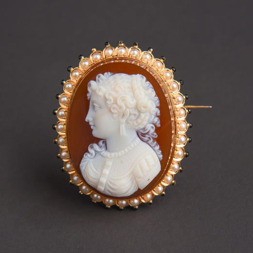 独角鹿西洋古董首饰18k金镶嵌玛瑙野生珍珠浮雕Cameo卡梅奥胸针 商品图2
