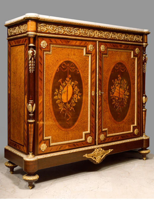 独角鹿西洋古董家具路易十六风格铜鎏金细木镶嵌大理石台面边柜 商品图3