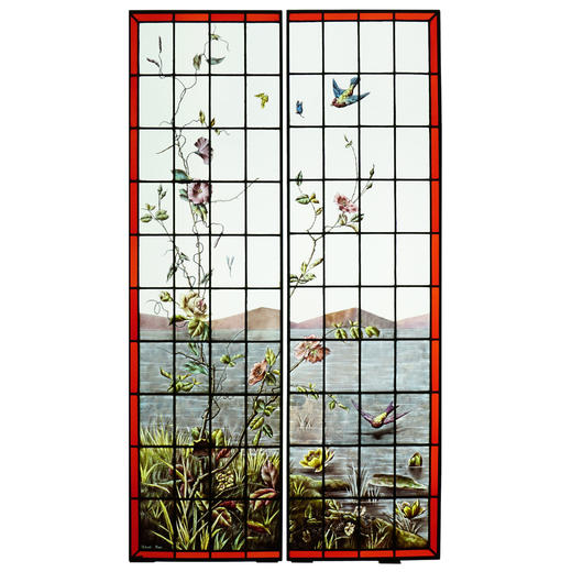 独角鹿西洋古董法国工坊花鸟飞蝶水边风景彩绘玻璃花窗一对 商品图0