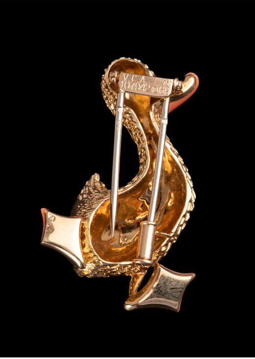 独角鹿西洋古董法国珠宝世家品牌黄金镶祖母绿珊瑚鸭子造型胸针 商品图4