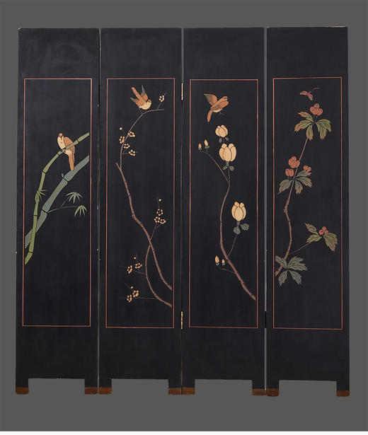 独角鹿西洋古董中国金秋红叶八仙鹤主题款彩雕漆四扇屏风 商品图4