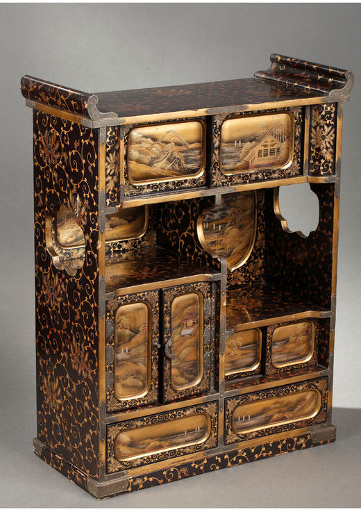 独角鹿西洋古董19世纪日本山水主题黑地金漆莳绘小型珍宝柜置物柜 商品图2