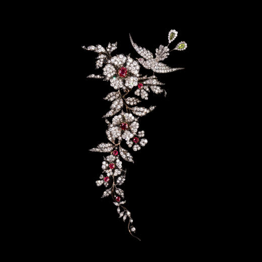 独角鹿西洋古董珠宝黄金纯银镶钻石红宝石橄榄石花鸟可拆卸胸针 商品图0