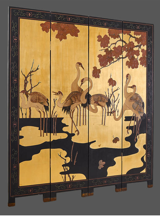 独角鹿西洋古董中国金秋红叶八仙鹤主题款彩雕漆四扇屏风 商品图2