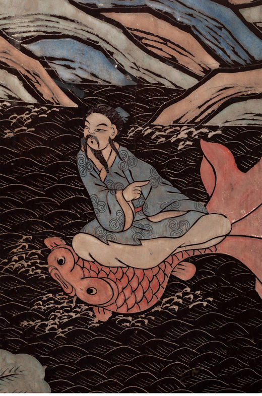 独角鹿西洋古董19世纪初中国众仙祝寿主题黑地款彩雕漆八曲屏风 商品图4