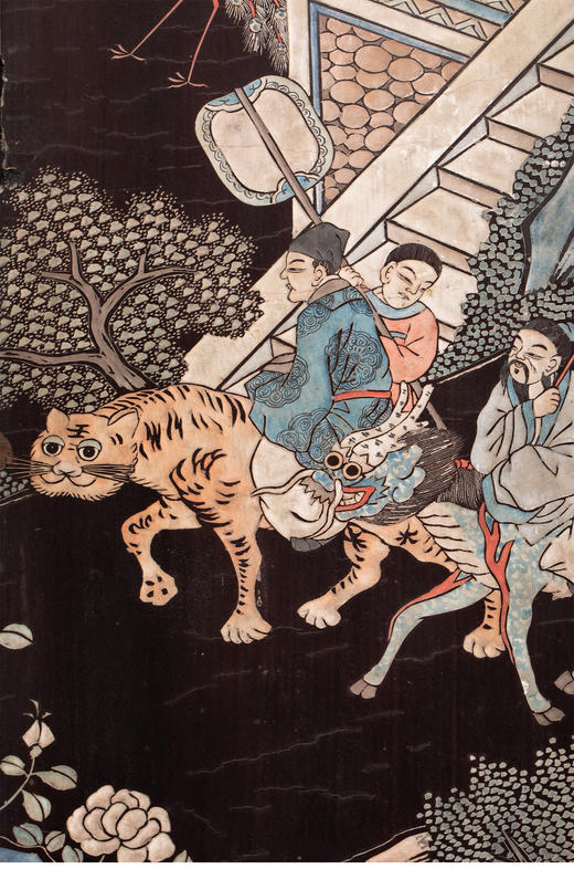 独角鹿西洋古董19世纪初中国众仙祝寿主题黑地款彩雕漆八曲屏风 商品图3