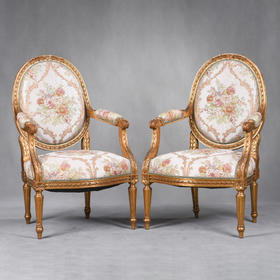 【已售】国内现货独角鹿西洋古董家具法国路易十六风实木鎏金扶手椅一对