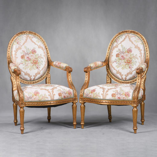 【已售】国内现货独角鹿西洋古董家具法国路易十六风实木鎏金扶手椅一对 商品图0