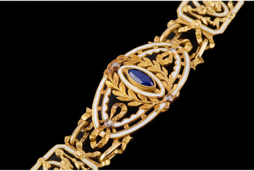 独角鹿西洋古董首饰法国大师名坊出品18K金珐琅镶钻石蓝宝石手链 商品图1