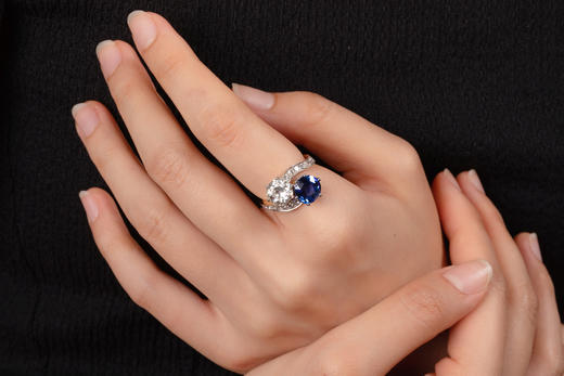 独角鹿西洋古董首饰珠宝欧洲18K金白金镶斯里兰卡蓝宝石钻石戒指 商品图1
