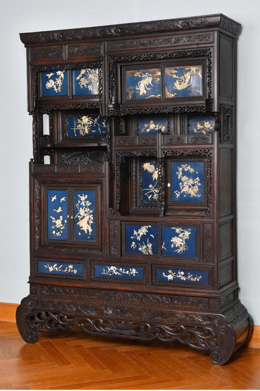 独角鹿西洋古董家具日本明治时期传统花鸟芝山象嵌多宝阁立柜 商品图2