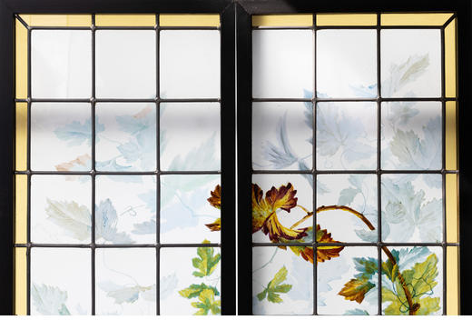 独角鹿西洋古董法国新艺术时期出品葡萄藤蔓主题彩绘玻璃花窗一对 商品图1