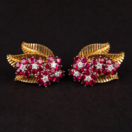 独角鹿西洋古董珠宝首英国红宝石钻石镶嵌18K金花卉耳夹耳坠耳饰 商品图0