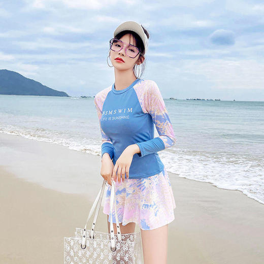 运动风游泳衣女分体保守遮肚显瘦学生上课小胸聚拢温泉平角裤泳装 商品图4