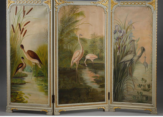 独角鹿西洋古董玻璃修漆木鎏金雕花边框水岸鸟鹤布面手绘三页屏风 商品图4