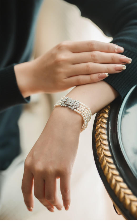 独角鹿西洋古董珠宝法国铂金镶嵌钻石天然珍珠五股手链手镯手饰 商品图1