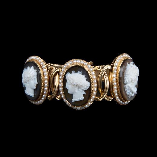 独角鹿西洋古董珠宝法国18K金镶珍珠玛瑙浮雕卡梅奥cameo手镯手链 商品图0