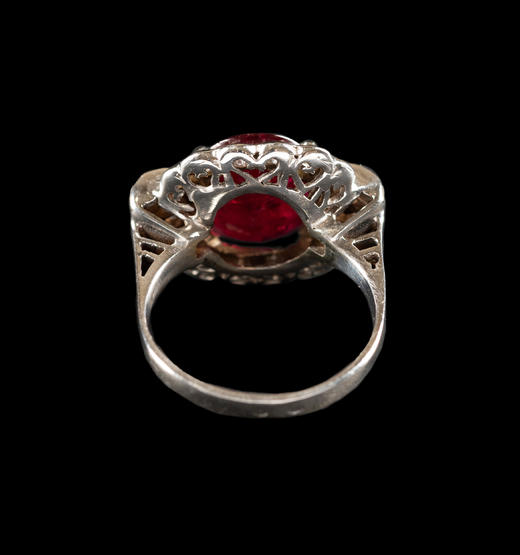 独角鹿西洋古董珠宝首饰1965年代法国18k白金镶嵌钻石红宝石戒指 商品图2