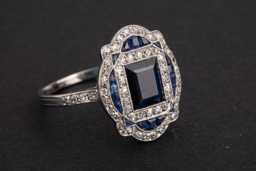 独角鹿西洋古董首饰珠宝法国装饰艺术时期铂金镶嵌钻石蓝宝石戒指 商品图4