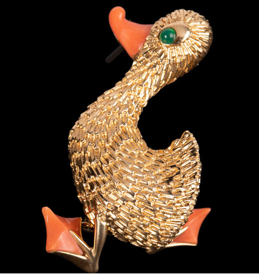 独角鹿西洋古董法国珠宝世家品牌黄金镶祖母绿珊瑚鸭子造型胸针 商品图1