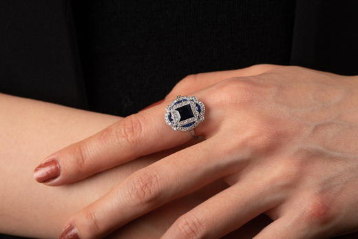 独角鹿西洋古董首饰珠宝法国装饰艺术时期铂金镶嵌钻石蓝宝石戒指 商品图2