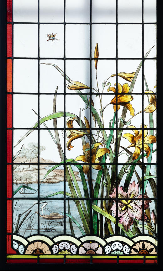 独角鹿西洋古董法国新艺术时期水岸鸢尾雀鸟主题彩绘玻璃花窗一对 商品图3