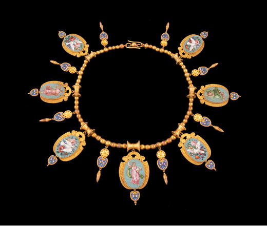 独角鹿西洋古董珠宝套件18K金镶嵌古典圣鸽与人物马赛克项链耳饰 商品图3