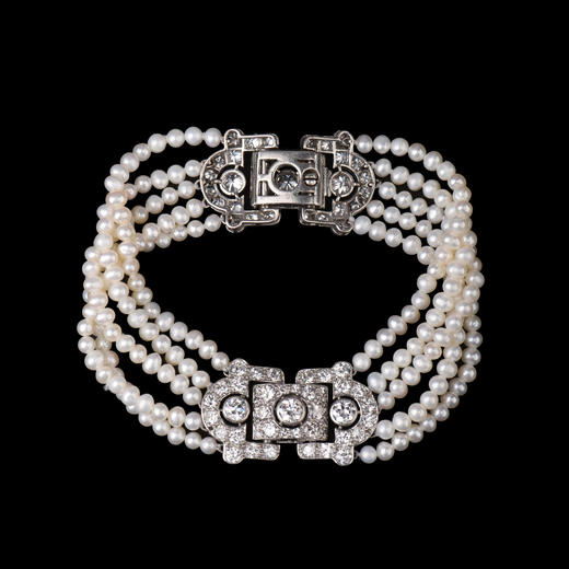 独角鹿西洋古董珠宝法国铂金镶嵌钻石天然珍珠五股手链手镯手饰 商品图0