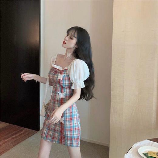 2022夏季新款少女风格子泡泡袖旗袍蝴蝶装饰修身显瘦一字肩连衣裙 商品图1