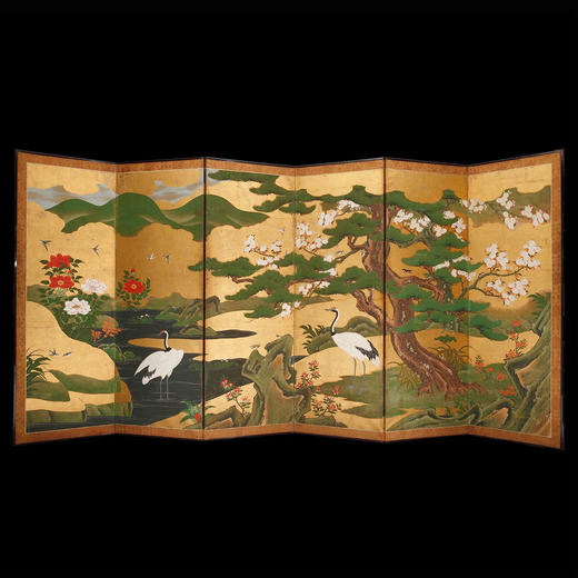 独角鹿西洋古董家具日本江户时代狩野派青松仙鹤纸本金叶六曲屏风 商品图0