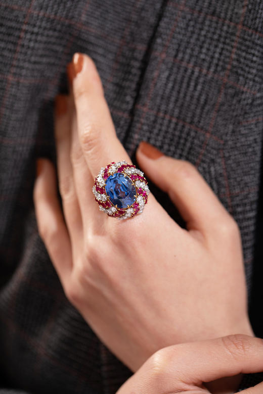 独角鹿西洋古董珠宝首饰宝格丽黄金铂金镶嵌蓝宝石红宝石钻石戒指 商品图1