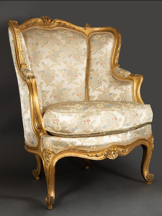 独角鹿西洋古董家具拿破仑三世时期木鎏金装饰提花缎面沙发扶手椅 商品图1