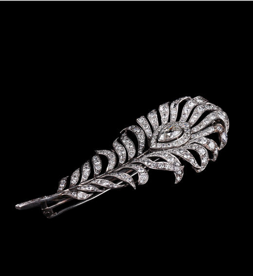 独角鹿西洋古董珠宝英国装饰艺术时铂金镶嵌钻石孔雀羽毛造型胸针 商品图3