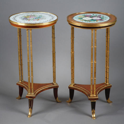 独角鹿西洋古董家具法国工坊签名陶瓷彩绘双层三足式小圆桌一对 商品图0