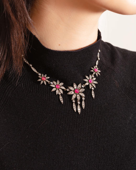 独角鹿西洋古董首饰欧洲vintage珠宝纯银及18K金镶钻石红宝石项链 商品图1