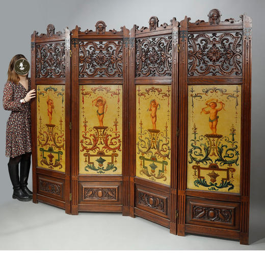 独角鹿西洋古董法国木质雕花边框小天使主题布面手绘四页插屏屏风 商品图1