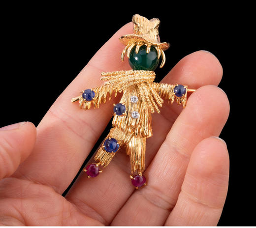 独角鹿西洋古董法国18K金镶嵌绿玉髓蓝宝石红宝石钻石稻草人胸针 商品图2