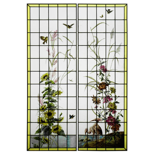 独角鹿西洋古董法国向日葵大丽花水边雀鸟珐琅彩绘玻璃花窗一对 商品图0