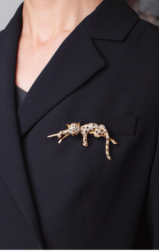 独角鹿西洋古董珠宝首饰法国18K金镶嵌钻石祖母绿花豹造型胸针 商品图1